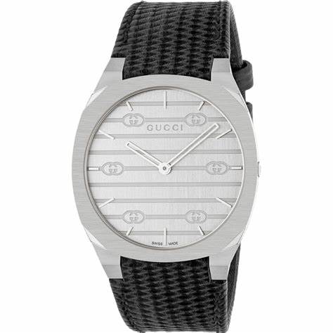 Gucci 25H YA163419 Unisex Watch – Silver Dial, Black Leather Strap