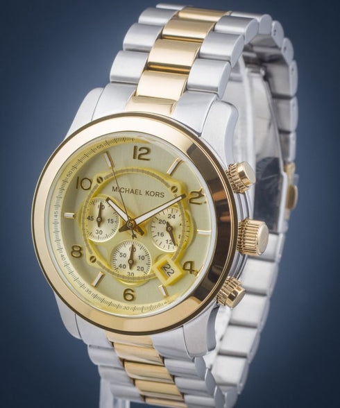 Michael Kors Runway MK9075 Herrenuhr - zweifarbiger Edelstahl, goldenes Zifferblatt