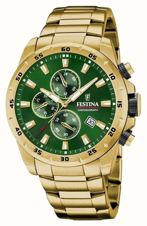 Festina F20541/3 Chrono Sport – 45 mm Gold PVD, Green Dial, Chronograph
