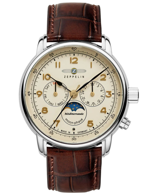 Zeppelin 9636-5 Méditerranée Moonphase Watch - Beige Dial, Brown Leather