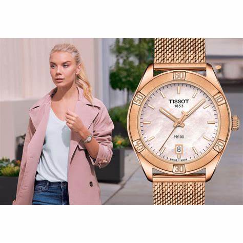 Orologio Tissot PR 100 Sport Chic Donna - Quadrante rosa madreperla, bracciale a maglie in PVD oro rosa