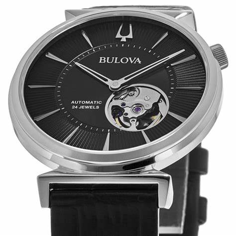 Bulova 96A234 Regatta Automatic Men's Watch - Black Dial, Black Leather Strap