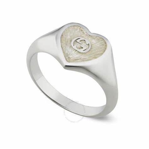 Gucci Interlocking G White Enamel Heart Sterling Silver Ring - Size 6