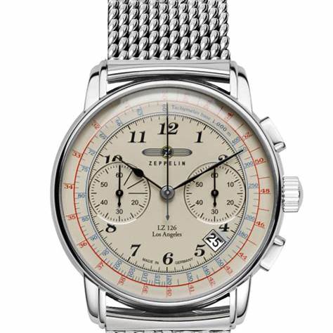 Zeppelin LZ126 Los Angeles Cronografo 7614M-5 Orologio da uomo - Quadrante beige, bracciale a maglie in acciaio inossidabile