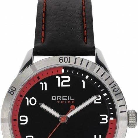 Breil Mate EW0620 Men's Quartz Watch - 37mm Black Dial with Red Accents, Black Leather Strap