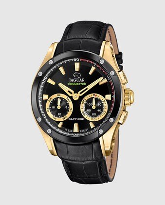 JAGUARJaguar Connected J962/2 Men's Hybrid Smartwatch – Gold - Tone Stainless Steel, Black Leather StrapWATCHESEcecile