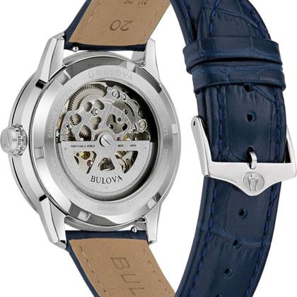 Bulova 96A330 Sutton Skeleton Automatic – Silver Dial, Blue Leather Strap