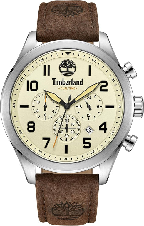 TIMBERLANDTimberland TDWGF0009703 Ashmont Dual Time Chronograph Men's Watch – 46mm Silver Stainless Steel Case, Beige Dial, Brown Leather Strap, Quartz Movement, 5 ATM Water ResistanceWATCHESEcecile