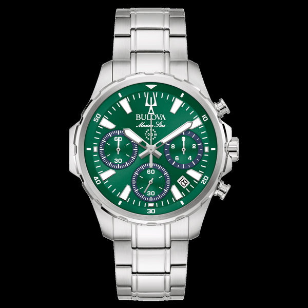 Bulova 96B465 Men's Marine Star Chronograph – Green Dial, 43mm Steel Case, 100m WR