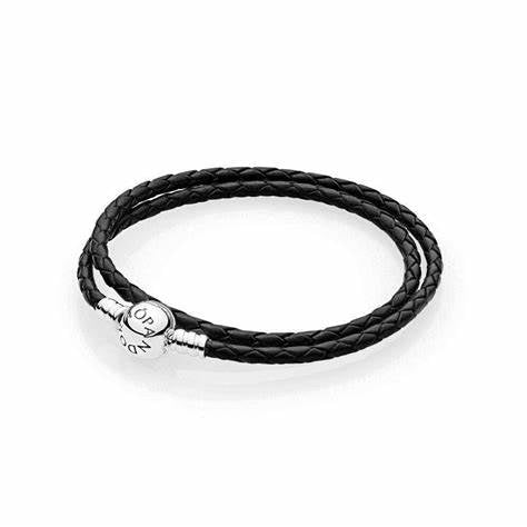 Pandora Moments Double Black Leather Bracelet 590745CBK-D2 - Sterling Silver Clasp, 38cm