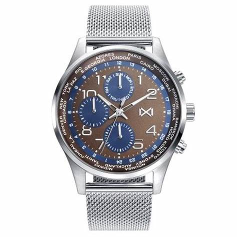 Mark Maddox HM7126-47 Men's Multifunction Watch - Stainless Steel Mesh Bracelet, Brown and Blue Dial