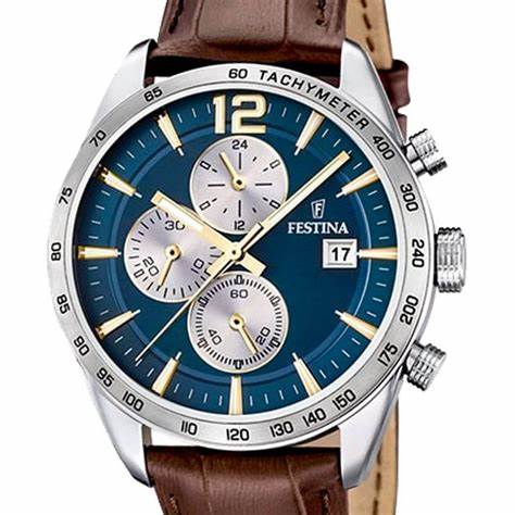 Festina Timeless Chronograph F16760/7 Men's Watch - Blue Dial, Brown Leather Strap