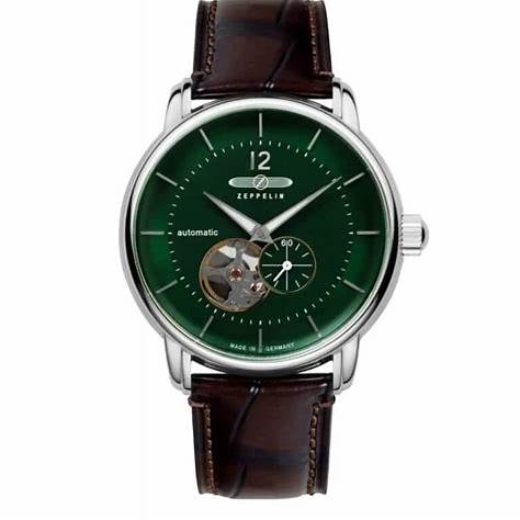 Zeppelin 8166-4 LZ120 Bodensee Orologio automatico da uomo - Quadrante verde, design a cuore aperto, cinturino in pelle marrone