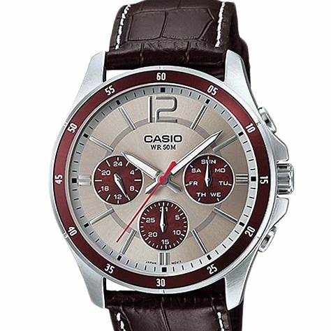 Casio MTP-1374L-7A1VDF Herrenuhr - Silbernes Zifferblatt, Braunes Lederarmband