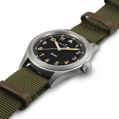 Hamilton Khaki Field Quartz H69401930 - Acciaio inossidabile 38 mm, quadrante nero, cinturino verde NATO