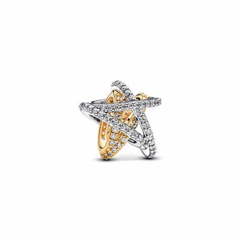 Pandora 763590C01 Charm scintillante a forma di stella incrociata - Placcatura in argento sterling e oro 14k bicolore con zirconia cubica