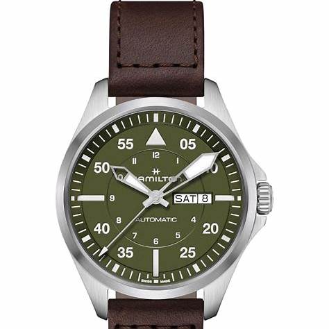 Hamilton Khaki Aviation Pilot Day Date Auto H64635560 - Acciaio inossidabile 42 mm, quadrante verde, cinturino in pelle marrone