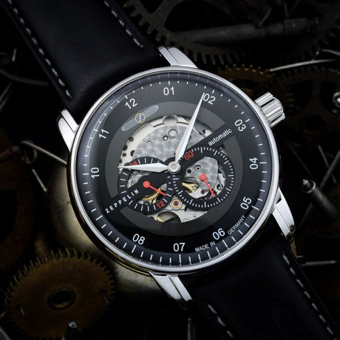 Zeppelin New Captain's Line Automatic 8664-2 Men's Watch - Skeleton Dial, Black Leather Strap