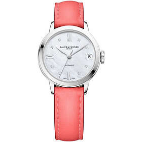 Orologio automatico da donna Baume & Mercier Classima MOA10564 - Cassa in acciaio 31 mm, quadrante in madreperla con indici di diamanti, cinturino in pelle di vitello rosa