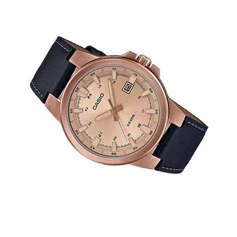 Casio MTP-E173RL-5AVEF Herren Analog Uhr – Roségold Gehäuse mit braunem Lederarmband