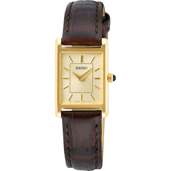 Seiko SWR066P1 Women's Watch – Gold Rectangular Case, Brown Leather Strap