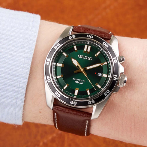 Orologio Seiko Kinetic SKA791P1 Uomo - Quadrante verde, cinturino in pelle marrone