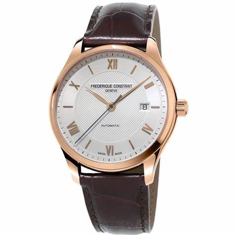 Frederique Constant Classics Index Automatic FC-303MV5B4 Montre Homme - Cadran argenté, boîtier or rose, bracelet cuir marron