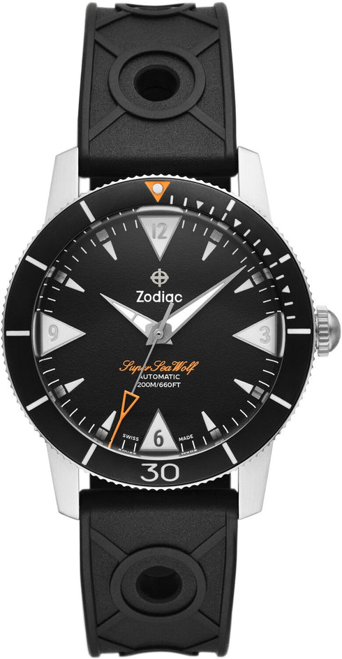 Zodiac Super Sea Wolf Skin Diver ZO9214 Men's Automatic Watch - Black Textured Dial, Black Rubber Strap