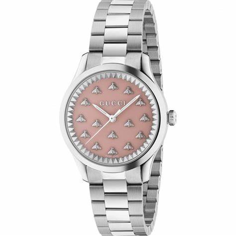 Gucci G-Timeless YA1265033 Women's Watch – Pink Dial with Bee Motif, Stainless Steel Bracelet