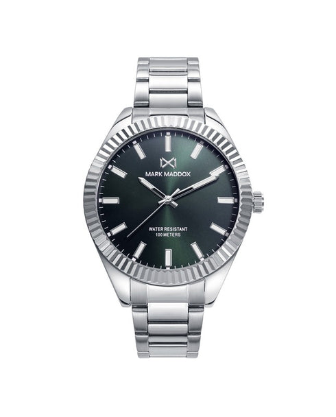 Mark Maddox HM1005-57 Men's Analog Watch - Stainless Steel Bracelet, Black Dial, Green Bezel