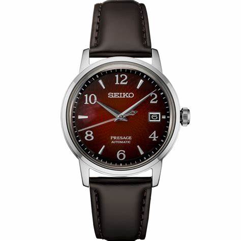 Seiko Presage SRPE41J1 38.5mm Men's Automatic Watch - Red Dial, Brown Leather Strap