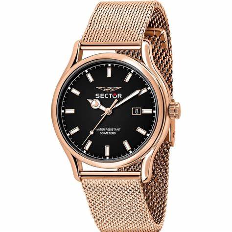 Sector 660 R3253517020 Men's Quartz Watch - 43mm Rose Gold-Tone Case, Black Dial, Rose Gold-Tone Mesh Bracelet