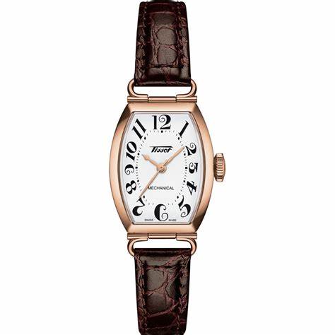 Tissot Heritage Porto Mechanical Small Lady Watch - White Dial, Rose Gold PVD Tonneau Case, Brown Leather Strap