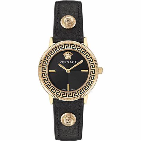 Versace V-Tribute VE2P00222 Orologio da donna al quarzo svizzero - Cassa in acciaio inossidabile color oro, cinturino in pelle nera, 36mm