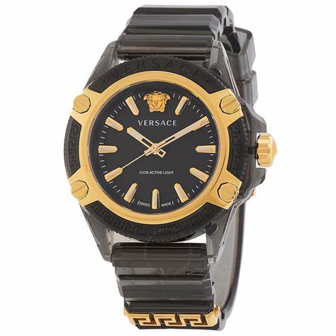 Versace Icon Active Indiglo VE6E00123 Orologio unisex - Cassa in policarbonato trasparente, cinturino in silicone nero, 42mm