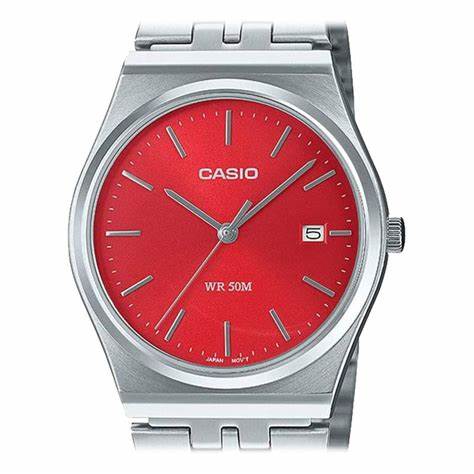 Casio MTP-B145D-4A2VEF Herren Analog Uhr – Rotes Zifferblatt mit Edelstahlarmband