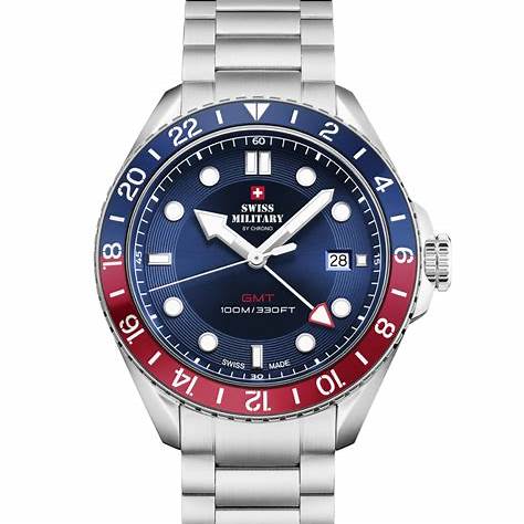 Swiss Military SM34095.03 Men's GMT Quartz Watch - Stainless Steel with Blue Dial