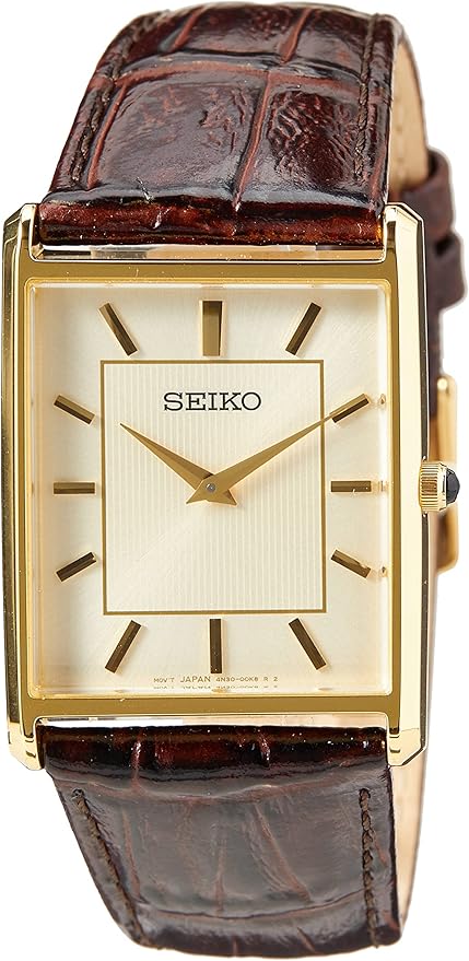 Seiko SWR064P1 Men's Quartz Watch – Gold Rectangular Case, Brown Leather Strap