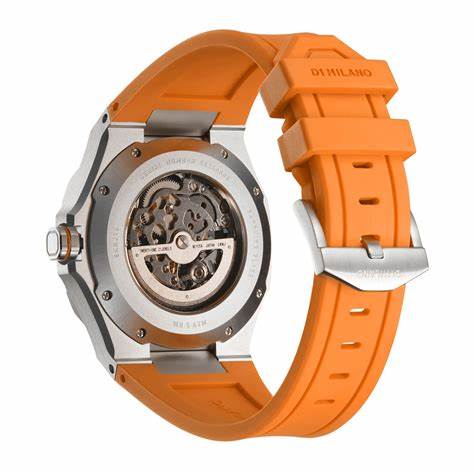 D1 MILANOD1 Milano Skeleton Slice Orange SKRJ16 Unisex Watch - Silver Stainless Steel, Skeleton Dial, Orange Rubber Strap, 41.5mmWATCHESEcecile