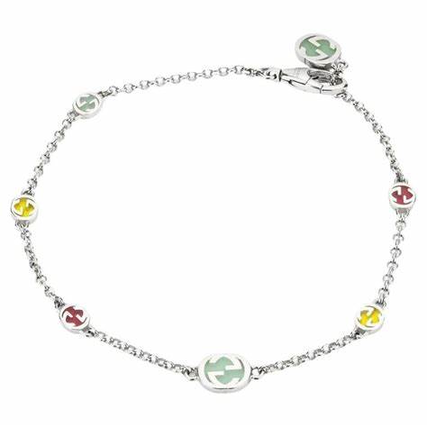 Gucci Interlocking G Multicoloured Enamel Sterling Silver Bracelet - Size 16cm