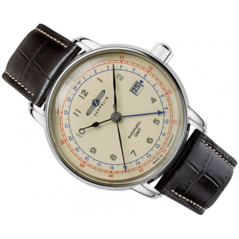 Zeppelin LZ 126 Los Angeles Automatic GMT 7668-5 Men's Watch - Beige Dial, Brown Leather Strap