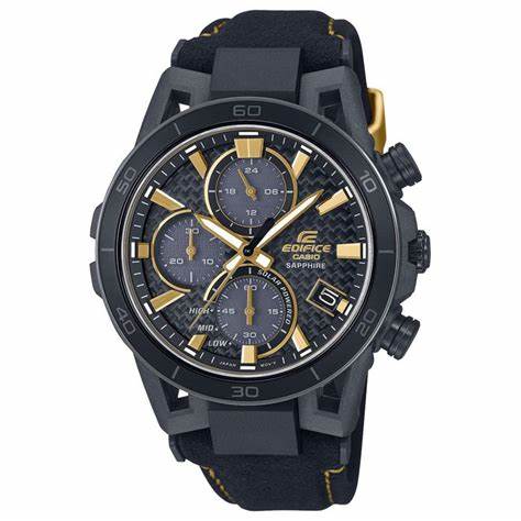 Reloj Casio Edifice EFS-S640ZE-1AER para hombre - 44,5 mm, caja de fibra de carbono negra con detalles dorados, cronógrafo alimentado por energía solar