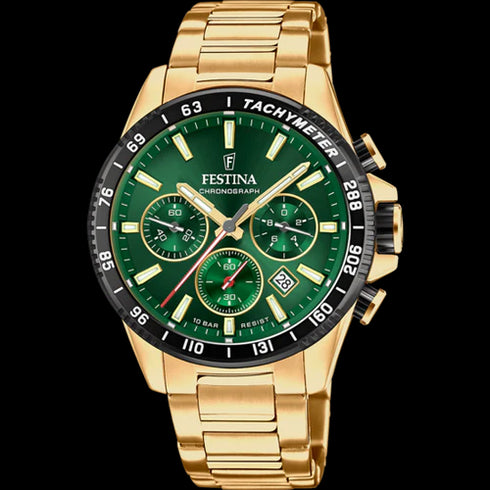 Festina F20634/4 Men’s Timeless Chronograph – Gold Stainless, Green Dial 45 mm