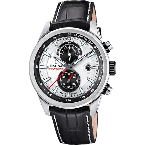 FESTINAFestina F20695/1 Timeless Chronograph Men's Watch - Silver Dial, Black Leather StrapWATCHESEcecile