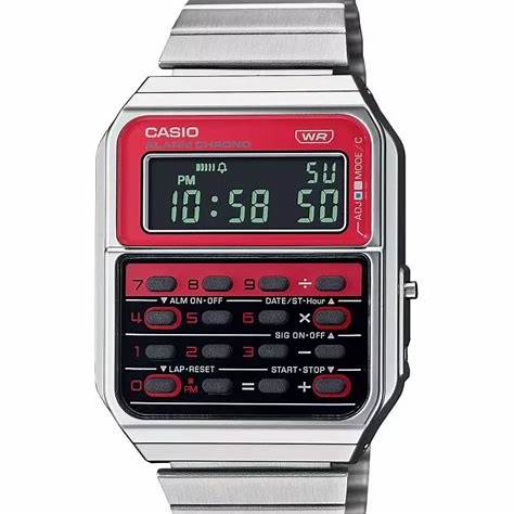 Casio Vintage CA-500WE-4BEF Unisex Watch - Calculator, Red Dial, Stainless Steel Bracelet