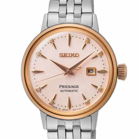 Seiko Presage SRE012J1 Cocktail Time Automatic Women's Watch - Pink Dial, Two-Tone Bracelet