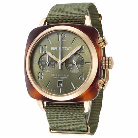 Briston Clubmaster Classic Chronograph 40mm Gold Acetate Green Dial Green NATO Strap 19140.PYA.T.26.NOL