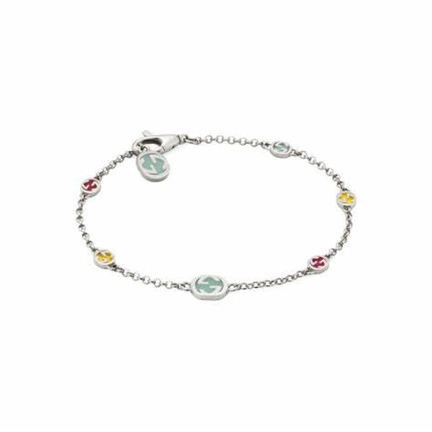 Gucci Interlocking G Multicoloured Enamel Sterling Silver Bracelet - Size 16cm