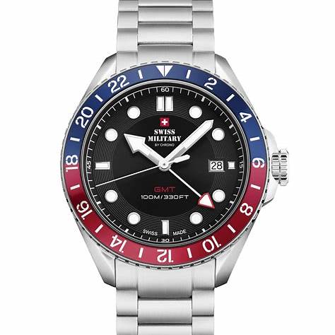 Swiss Military SM34095.01 Men's GMT Quartz Watch - Stainless Steel with Black Dial