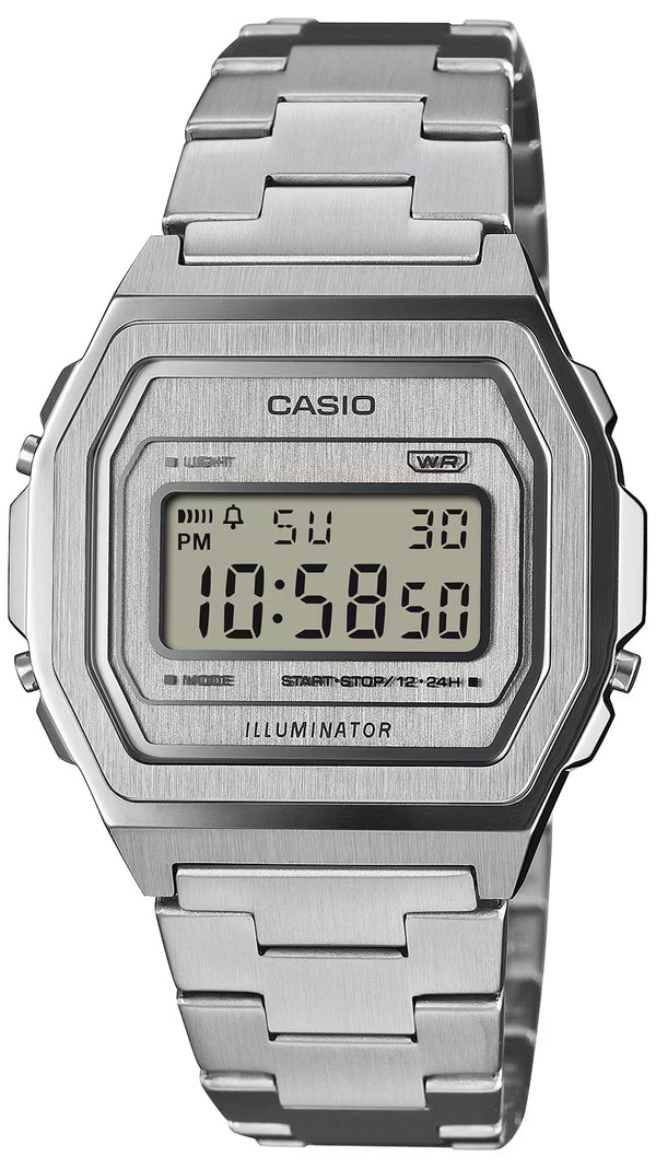 Casio A1000DN-7ER Unisex Digital Watch - Silver Stainless Steel Case with Interchangeable Metal and Cloth Bands